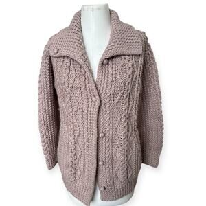 Hand Knit Chunky Cable Knit Shawl Collar Cardigan Sweater Womens M/L Cottagecore